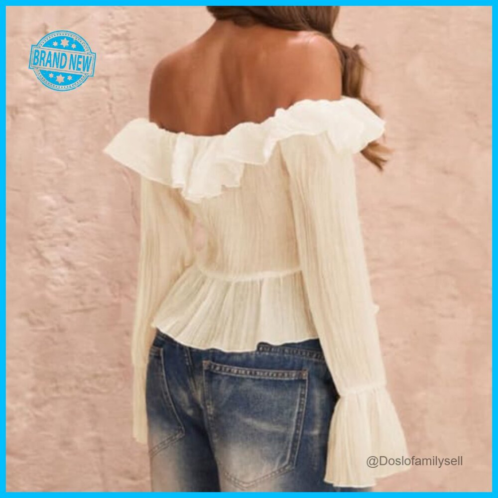 Off Shoulder Ruffle Crop Blouse Y2K Bell Sleeve See Through Chic Top - Picture 4 of 7